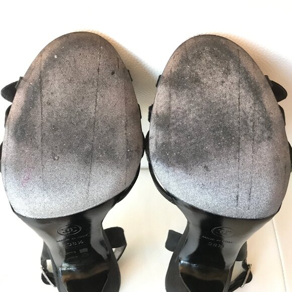 CHANEL BLACK SATIN SLINGBACKS CC LOGO CAMELLIA PETALS 38.5 CHAIN STRASS WEDDING - Picture 15 of 16